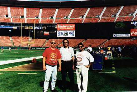 The Joe Sharino Band stage crew before a 3Com Park performance